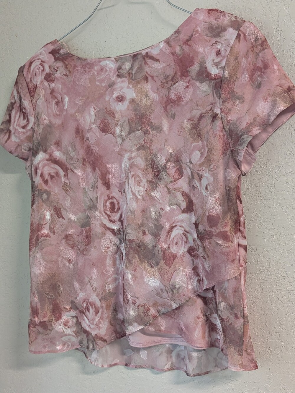 Retro Floral Short Sleeve Blouse 12 Petite Shimmery Layer Ruffle Shoulder Pads